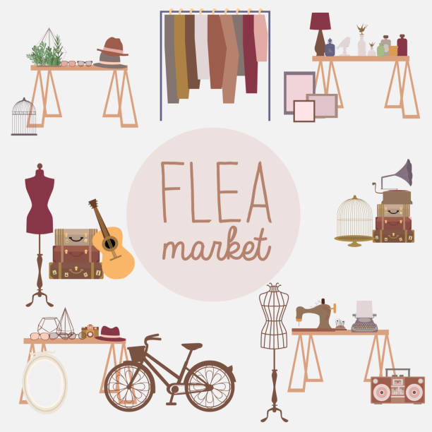Flea market set with vintage clothes and accessories shop, cartoon flat design Flea market set with vintage clothes and accessories shop, cartoon flat design. Editable vector illustration fashion bazaar stock illustrations