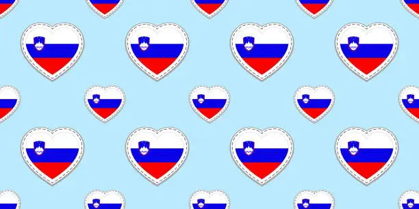 Vector illustration of Slovenia flags background. Slovenian flag seamless pattern. Vector stikers. Love hearts symbols. Good choice for sports pages, travel, school, geographic, cartographic elements. patriotic wallpaper