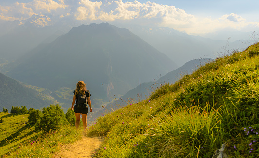 Swiss alps hiking at sunset