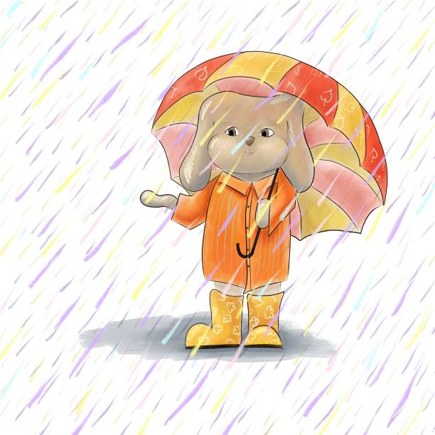 istock Cute rabbit under umbrella. Illustration of cartoon brown hare. 1047434452