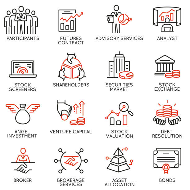 Vector set of linear icons related to trade service, investment strategy and management. Mono line pictograms and infographics design elements - part 2 Vector set of linear icons related to trade service, investment strategy and management. Mono line pictograms and infographics design elements - part 2 financial occupation stock illustrations