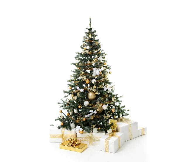 istock Christmas tree decorated with gold patchwork ornament artificial star hearts presents for new year 2019 isolated on white 1047440498