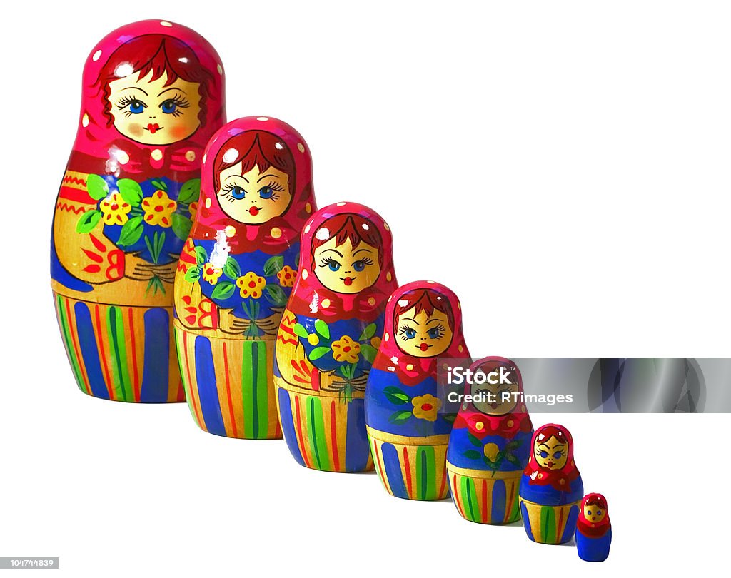 Russian dolls Seven traditional wooden Russian dolls, Isolated on white. Number 7 Stock Photo