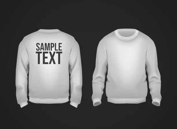 Vector illustration of Gray men's sweatshirt template with sample text front and back view. Hoodie for branding or advertising.
