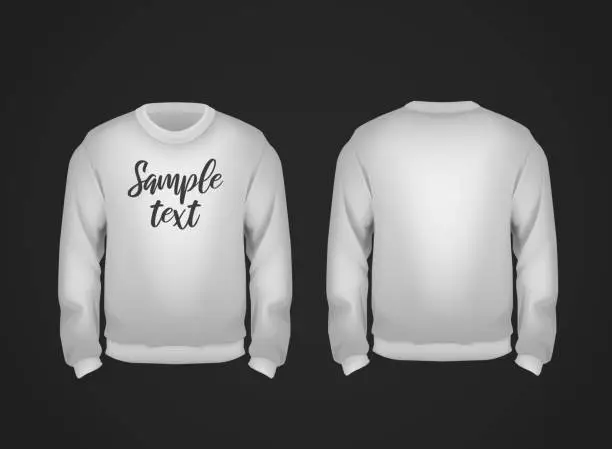 Vector illustration of Gray men's sweatshirt template with sample text front and back view. Hoodie for branding or advertising.