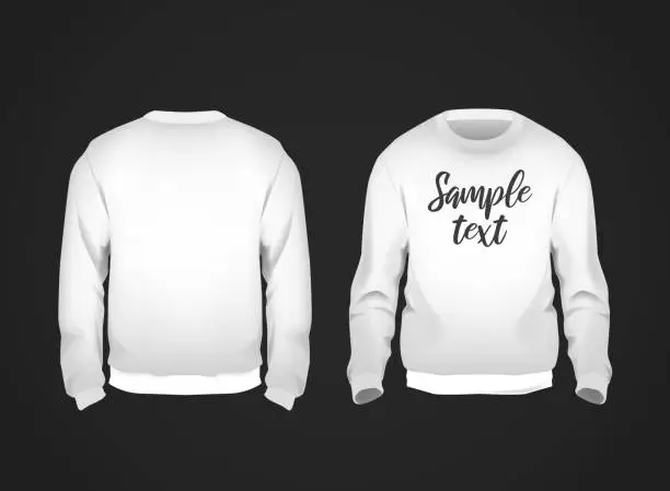 Vector illustration of White men's sweatshirt template with sample text front and back view. Hoodie for branding or advertising.