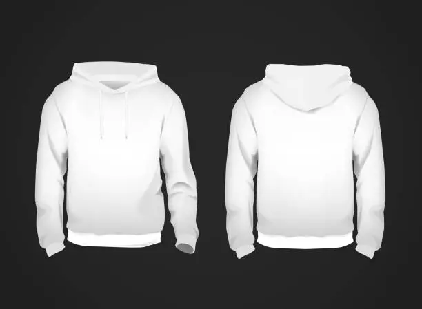 Vector illustration of White men's sweatshirt template with sample text front and back view. Hoodie for branding or advertising.