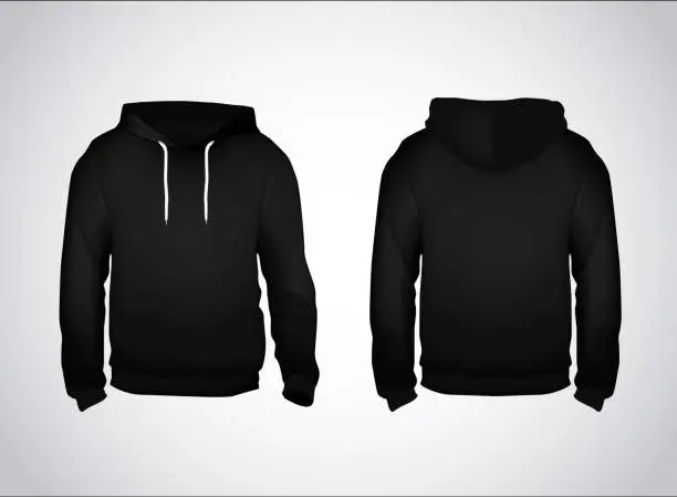 Vector illustration of Black men's sweatshirt template with sample text front and back view. Hoodie for branding or advertising.