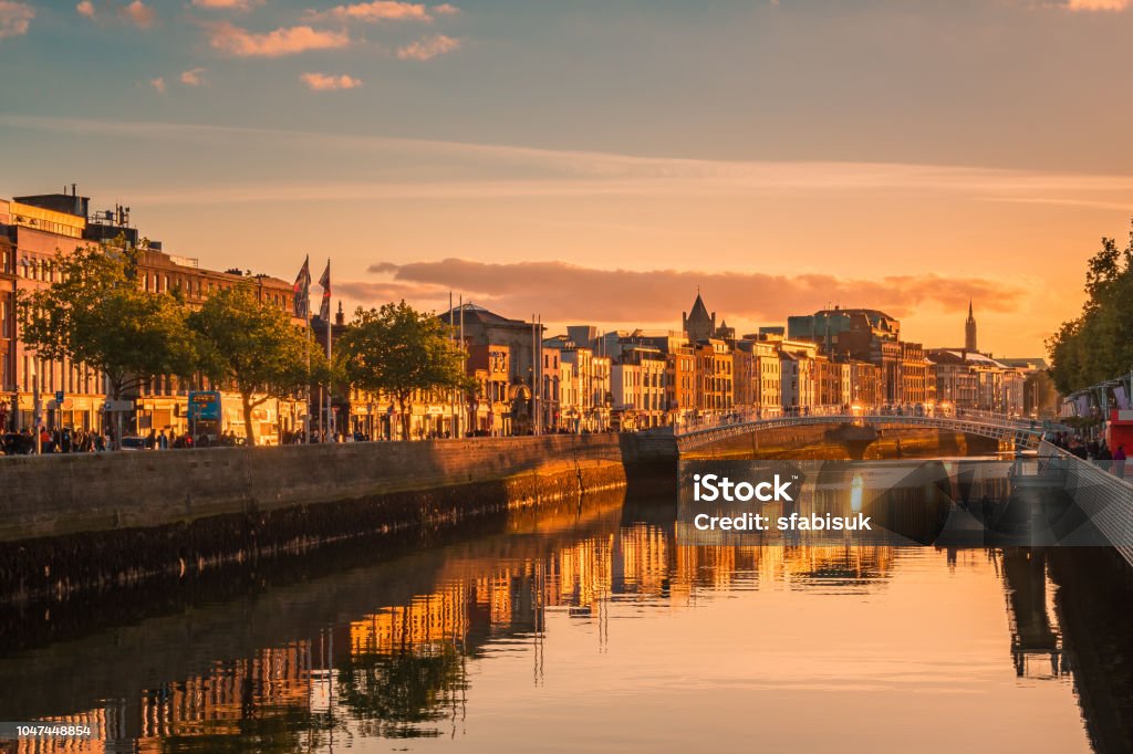 Beautiful golden hour view over Dublin city center in Dublin, Ireland Dublin - Republic of Ireland Stock Photo