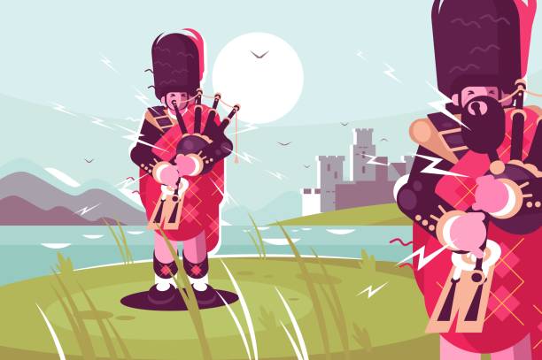 szkoccy mężczyźni bagpipers sobie tradycyjną sukienkę - scottish music stock illustrations