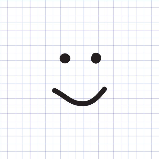 Smiley icon. Happy face symbol. Smiley icon on the exercise book background. Hand drawn happy face symbol. Vector illustration. workbook paper checked mesh stock illustrations