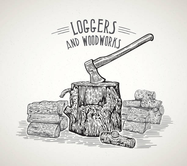 illustrazioni stock, clip art, cartoni animati e icone di tendenza di ascia bloccata in un ceppo di legno - wood axe