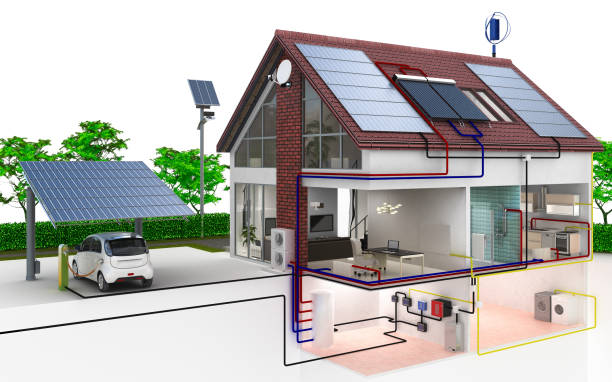 approvvigionamento energetico per famiglie - pannello solare illustrazioni foto e immagini stock