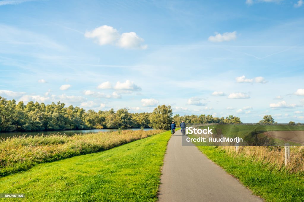 Elderly man and woman cycling on a bike path at the top of a dike at the edge of the Dutch National Park De Biesbosch Older man and woman cycle on a curved cycle path on a dike on the edge of the Dutch National Park De Biesbosch. It is a sunny day with white clouds on the blue sky in the beginning of the fall season. Cycling Stock Photo