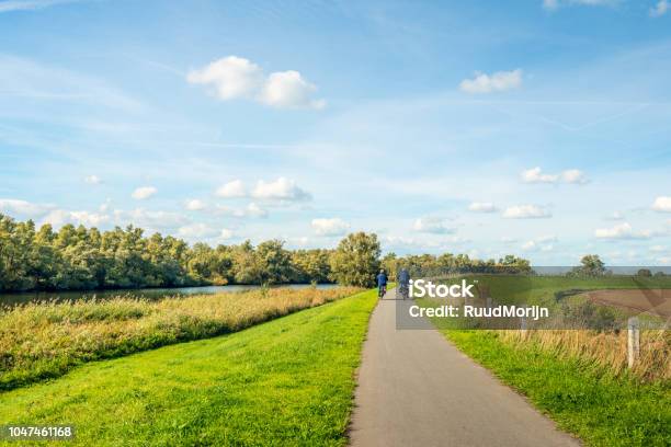 Elderly Man And Woman Cycling On A Bike Path At The Top Of A Dike At The Edge Of The Dutch National Park De Biesbosch Stock Photo - Download Image Now