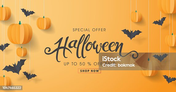istock Happy Halloween calligraphy with paper bats and pumpkins. banners party invitation.Vector illustration. 1047465322