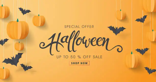 Vector illustration of Happy Halloween calligraphy with paper bats and pumpkins. banners party invitation.Vector illustration.