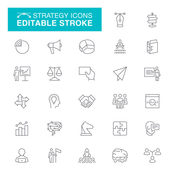 Strategy Editable Stroke Icons Business and Finance, Handshake, Currency, Presentation - Speech, Editable Line Icon Set school id card stock illustrations