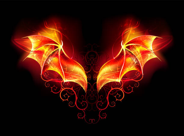 Fire Dragon wings Burning wings of fiery dragon with spiked pattern on black background. demon fictional character stock illustrations