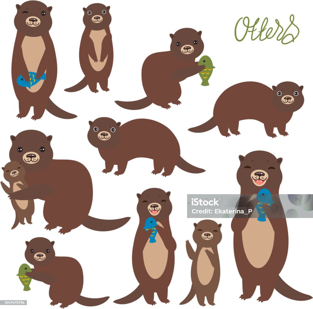 Funny brown otter collection on white background. Kawaii. Vector Funny brown otter collection on white background. Kawaii. Vector illustration Otter stock vector