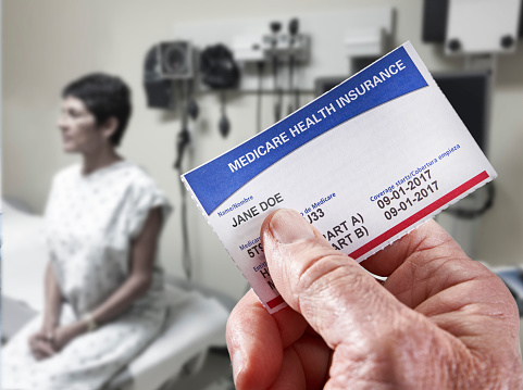Medicare Health Insurance Card in medical office ++background photo of woman is from my approved file Stock photo ID:474457398++mode release with initial upload++
