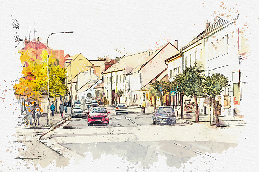 Watercolor sketch or illustration. The architecture of ancient houses in the Czech Republic. A beautiful street with a road and cars on it.