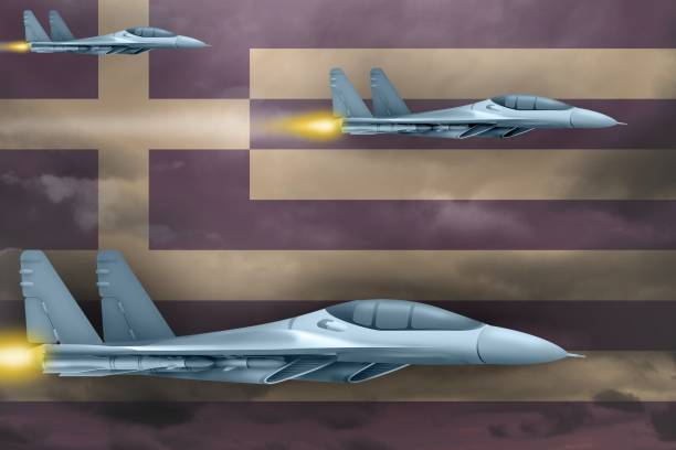 istock Greece air forces strike concept. Air planes attack on Greece flag background. 3d Illustration 1047478914