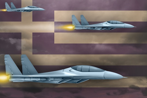 Greece air strike concept. Modern war airplanes attack on Greece flag background. 3d Illustration