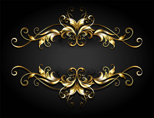 symmetrical gold frame scroll Symmetrical, patterned gold frame scroll on black background. dental gold crown stock illustrations