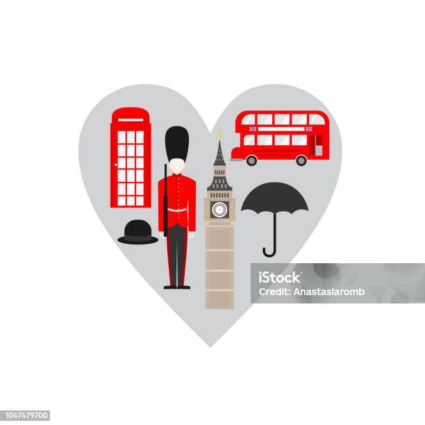 United Kingdom London Travel Icon Landmark England Great Britain Travel Sightseeing In Heart Shape Stock Illustration - Download Image Now