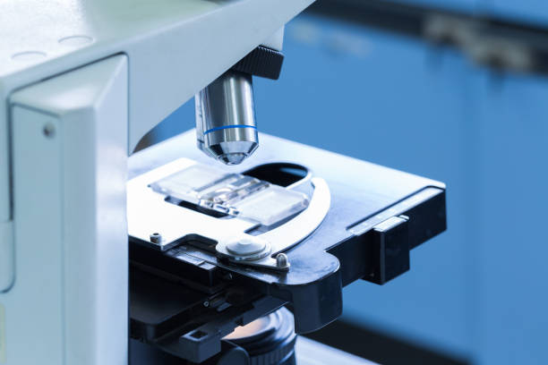 istock Close up of microscope at the blood laboratory, Concept Science and Technology 1047482402