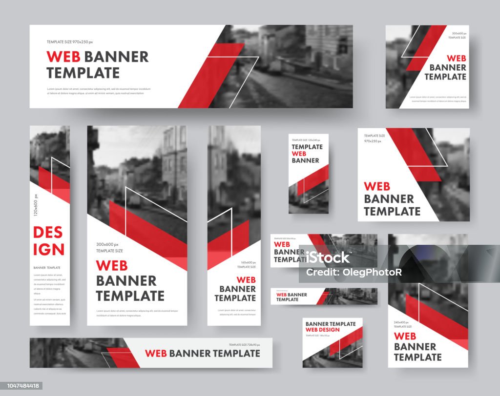 set of web banners of different sizes with diagonal red elements and a place for photos. set of web banners of different sizes with diagonal red elements and a place for photos. Vector Templates for Web Web Banner stock vector