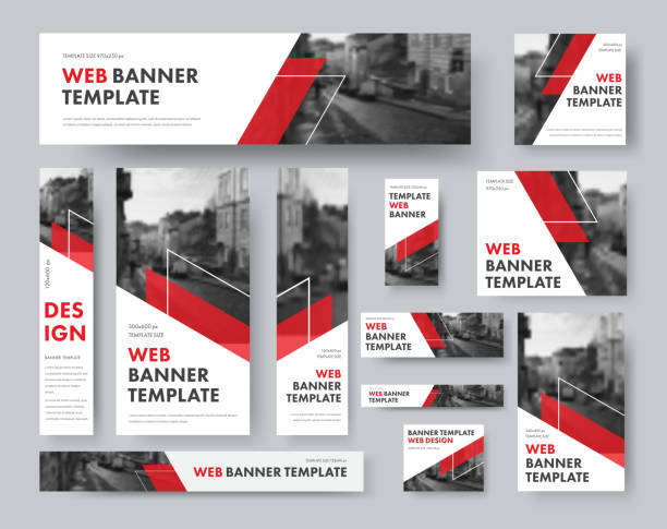 set of web banners of different sizes with diagonal red elements and a place for photos. set of web banners of different sizes with diagonal red elements and a place for photos. Vector Templates for Web banner templates stock illustrations