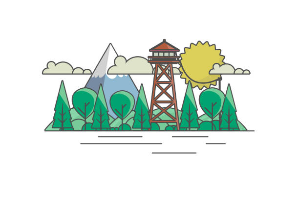 Vector Flat Art landscape with outline stroke design, with fire lookout tower Vector Flat Art landscape with outline stroke design, with fire lookout tower lookout tower stock illustrations