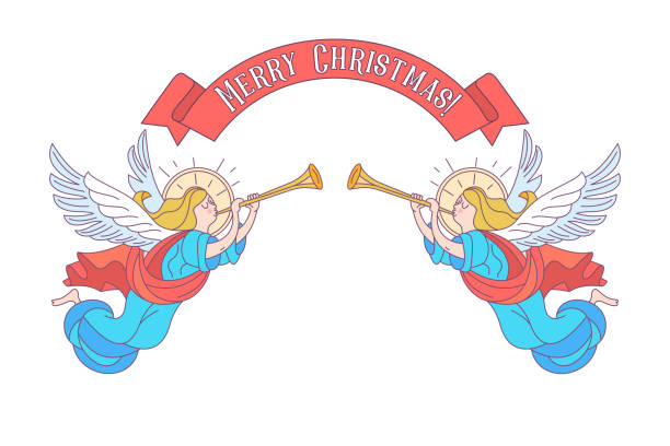 Merry Christmas. Angels blowing trumpets. Vector illustration. merry Christmas. Vector postcard, illustration. Angels trumpeting. Isolated on white background. Christmas Angels drawing stock illustrations