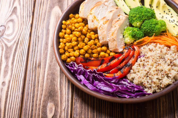 istock Buddha bowl with avocado , chicken , pepper , quinoa and chickpea 1047494070