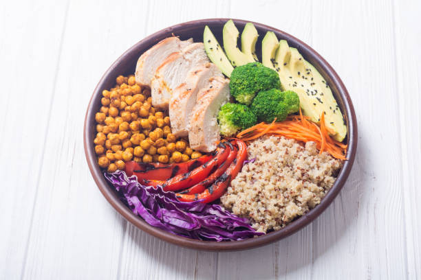 istock Buddha bowl with avocado , chicken , pepper , quinoa and chickpea 1047494112