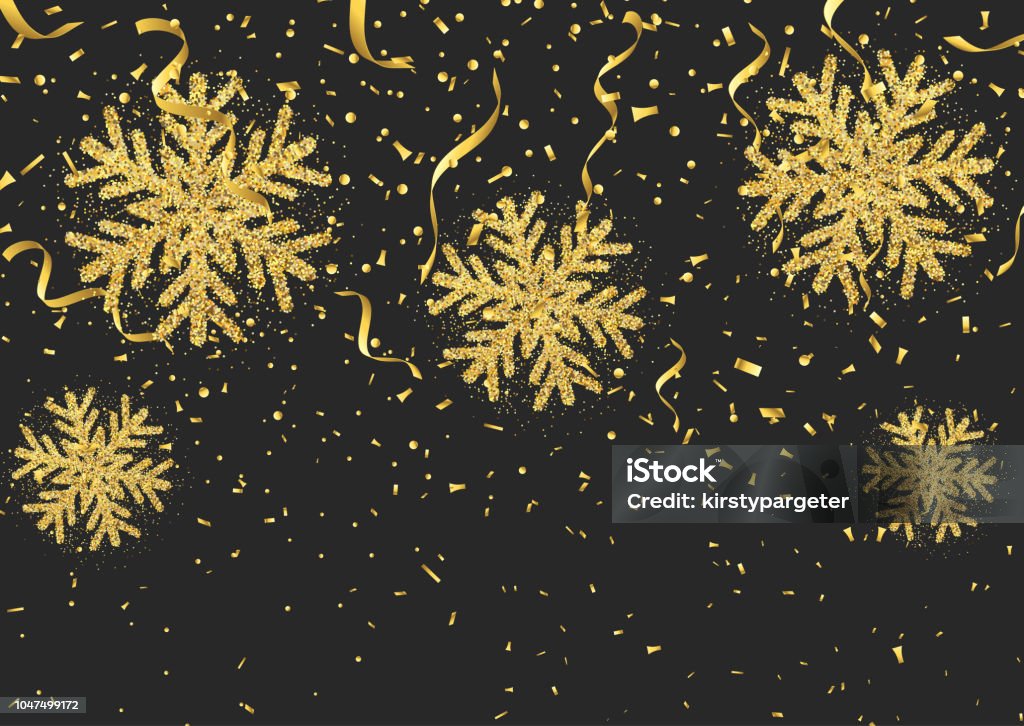 Glitter style snowflakes confetti and streamers Christmas background with glittery snowflakes and gold confetti and streamers Snowflake Shape stock vector