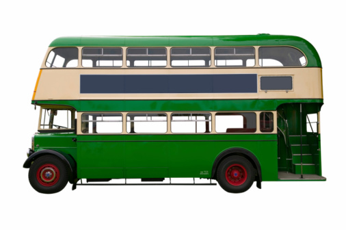 Vintage green double decker bus, isolated on white. With detailed clipping path.