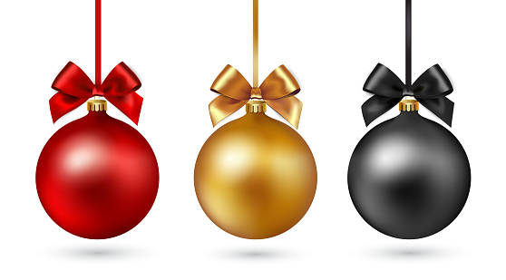 Set of Christmas baubles with ribbon and a bow on white background. Vector illustration. Gold, black and red color