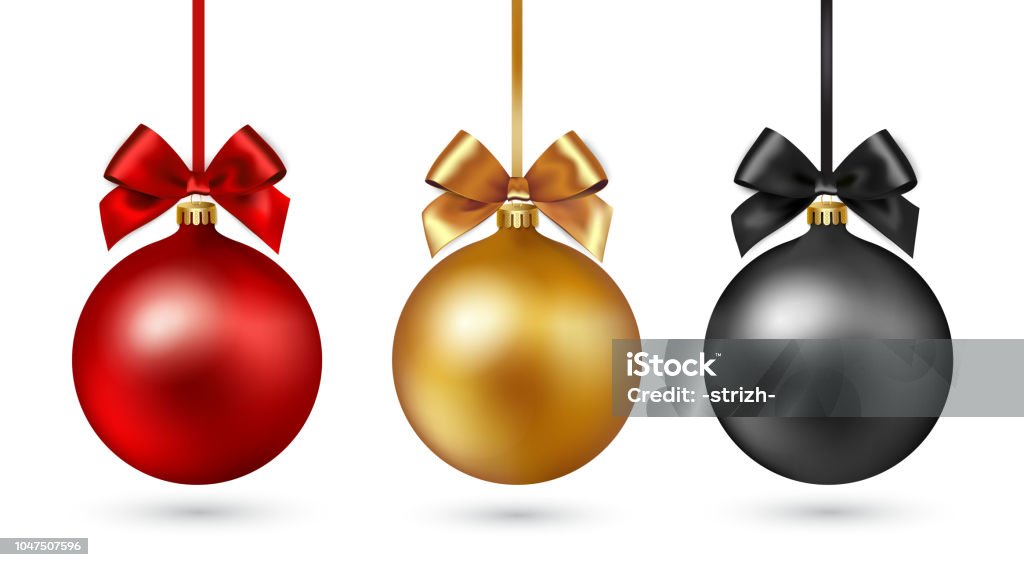 Christmas ball with ribbon and bow on white background. Vector illustration. Set of Christmas baubles with ribbon and a bow on white background. Vector illustration. Gold, black and red color Christmas Ornament stock vector