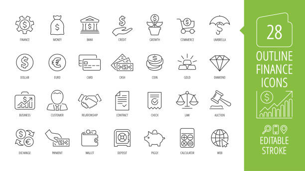 Vector business and finance editable stroke line icon set with money, bank, check, law, auction, exchance, payment, wallet, deposit, piggy, calculator, web and more isolated outline thin symbol. vector art illustration