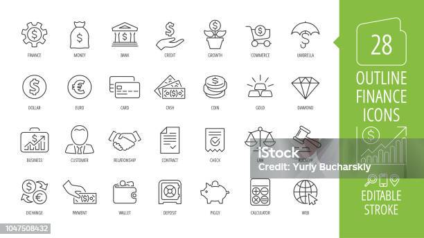 Vector Business And Finance Editable Stroke Line Icon Set With Money Bank Check Law Auction Exchance Payment Wallet Deposit Piggy Calculator Web And More Isolated Outline Thin Symbol Stock Illustration - Download Image Now