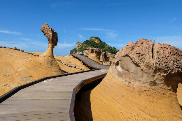 Taipei, Taiwan- July 19, 2018 -Natural landscape in Yehliu Geopark, New Taipei City, Taiwan. The unique geological formations including the iconic \