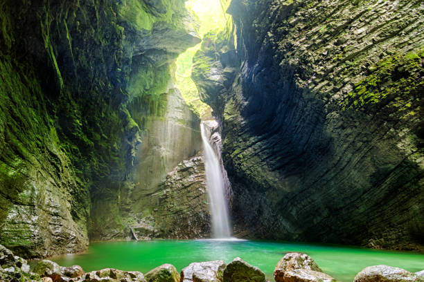 Beautiful waterfall Kozjak in Slovenia stock photo