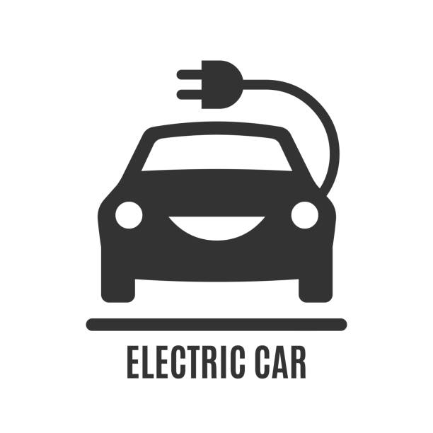 elektro-auto-symbol. strom eco power fahrzeug mit stecker und kabel silhouette zeichen. - electric car stock-grafiken, -clipart, -cartoons und -symbole