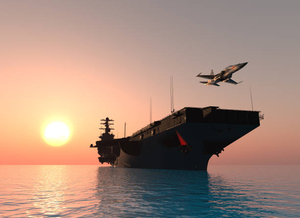 Military equipment. A warship and an airplane on the sea. ,3d render navy stock pictures, royalty-free photos & images