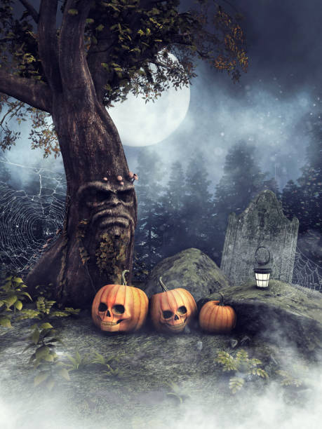 istock Halloween pumpkins under a fairy tree 1047513118
