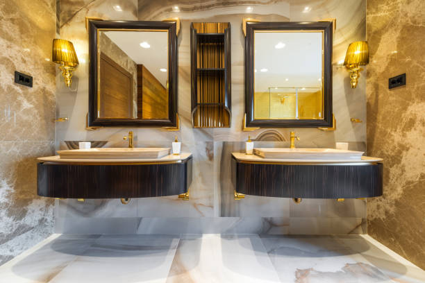 istock Master bathroom sinks and vanity in luxury home 1047529000