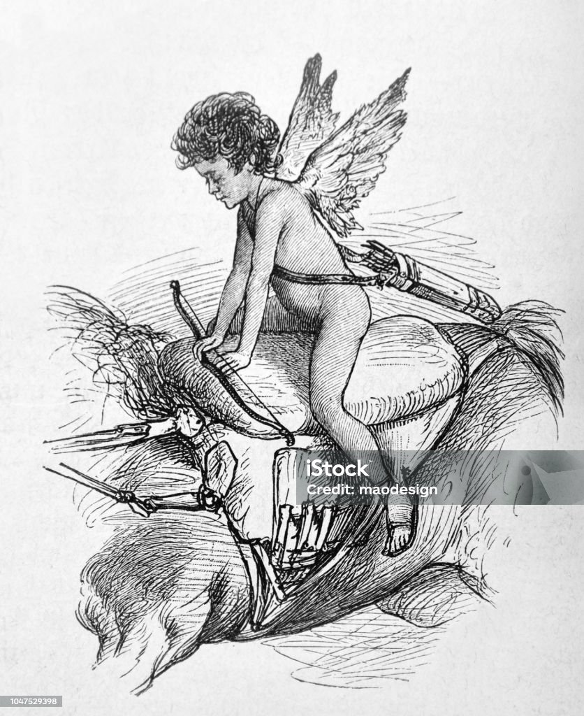 God of love - Amor is riding a horse - 1888 1880-1889 stock illustration